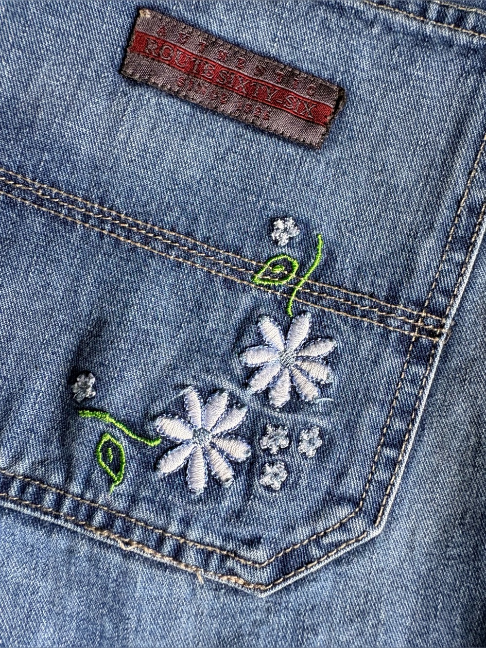 Route 66 Denim Embroidered Floral Short Overalls